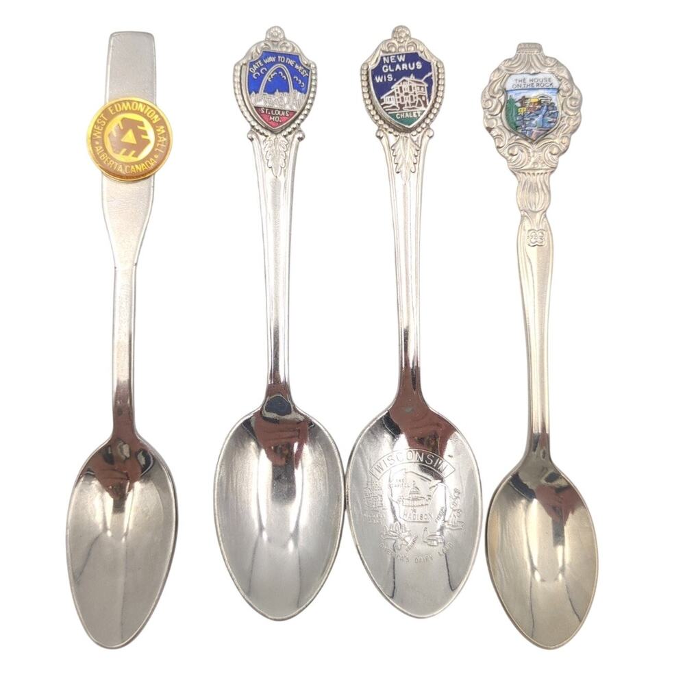 4 Vintage Souvenir Spoons Lot Canada USA St. Louis MO New Glarus WI Edmonton